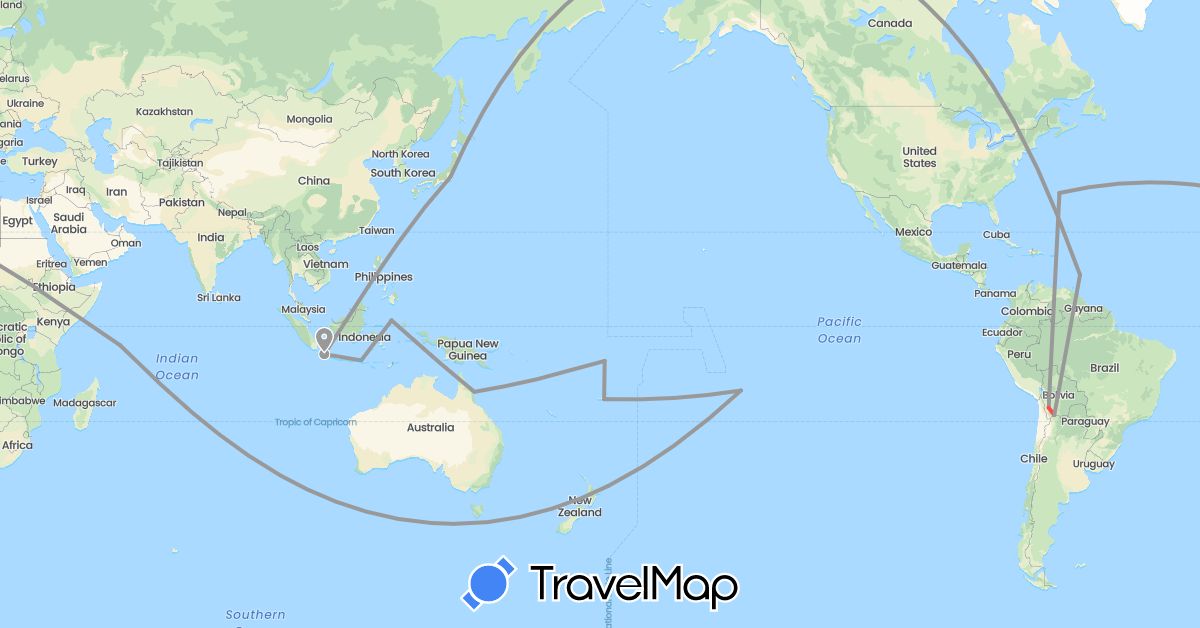 TravelMap itinerary: driving, plane, hiking, boat in Argentina, Australia, Barbados, Bermuda, Bolivia, Fiji, France, Indonesia, Japan, Seychelles, Tuvalu (Africa, Asia, Europe, North America, Oceania, South America)